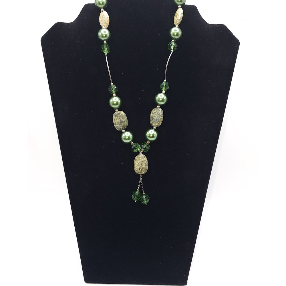 Green Spot Jasper Y Drop Necklace Pearl Crystal Statement